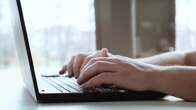 BUSINESS man hands type on laptop keyboard. Touch typing pointing cloud data social network media. White skin. Working on tablet computer. Extreme close-up human hands on keyboard. High quality 4K