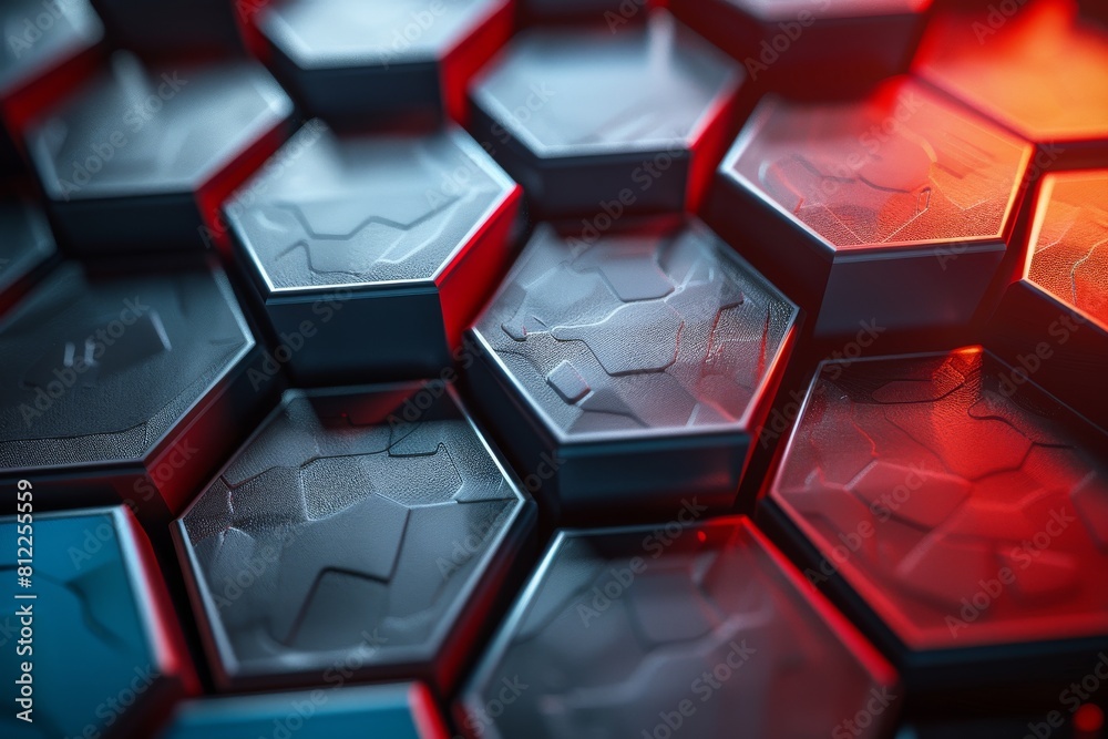 Poster close-up of a textured hexagonal pattern with a striking red and blue color contrast that gives a 3d