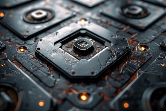 Detailed image of a futuristic metallic circuit with water droplets and hexagonal patterns
