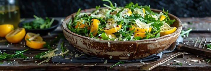 Lemony arugula salad with parmesan, fresh food banner, top view with copy space