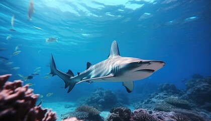 Fototapeta premium Great White Shark in the ocean, portrait of White shark hunting prey in the underwater