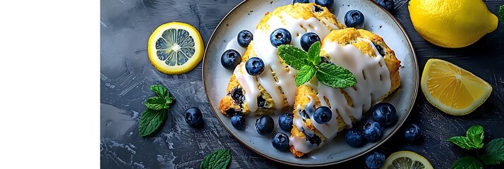 Lemon blueberry scones with lemon glaze, fresh food banner, top view with copy space