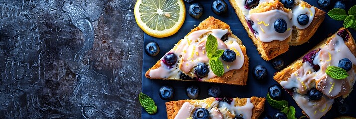 Lemon blueberry scones with lemon glaze, top view horizontal food banner with copy space