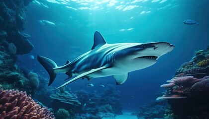 Fototapeta premium Great White Shark in the ocean, portrait of White shark hunting prey in the underwater