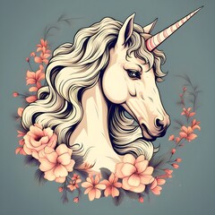 Obraz na płótnie Canvas Elegant head of the unicorn with a long mane whit flowers in vintage style. Elegant tattoo design. Digital illustration for prints, posters, postcards, stickers, tattoo. 