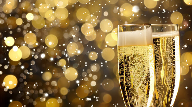 Two Glasses of Champagne Amid Sparkling Background
