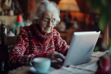 Elderly lady in glasses focused on browsing the internet on her computer indoors