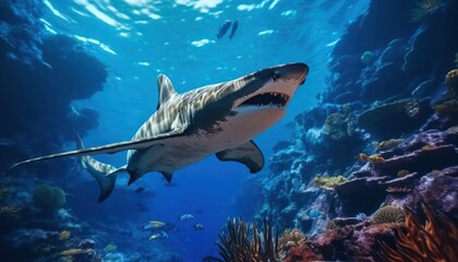 Great White Shark in the ocean, portrait of White shark hunting prey in the underwater