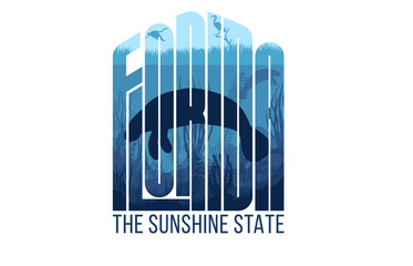 Florida vector label with Manatee and herons in swamp wetland sea coast