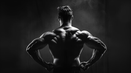 A muscular man stands with his back to the camera, flexing his muscles under moody, contrasting lighting that accentuates his toned physique - Generative AI - Powered by Adobe