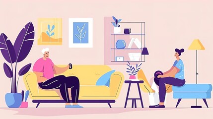 A personal trainer helps a senior woman with her home workout routine