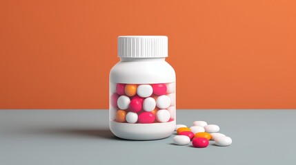 A white pill bottle with multicolored pills inside