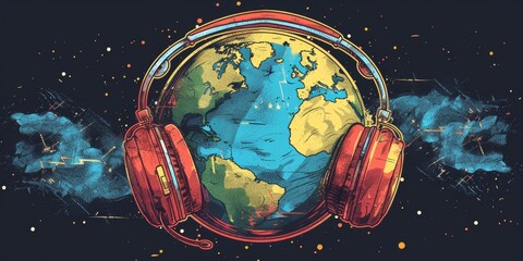 Earth T-Shirt With Headphones. Generative AI