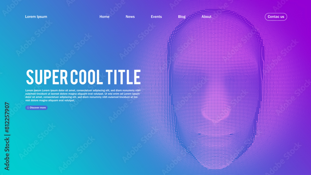 Poster landing page abstract design with ai face. template for website or app.