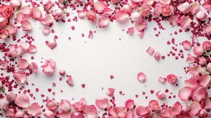 Capture the beauty of a floral arrangement featuring a frame crafted from delicate rose petals scattered confetti atop a pristine white backdrop creating a charming Valentine s Day setting 
