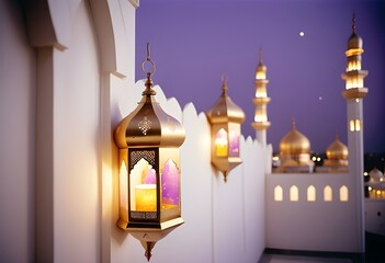 Eid mubarak theme with islamic lantern lights of matellic colours along mosque and behind background of eid mubarak celebrations