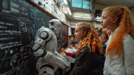 Obraz premium A robot teacher interacts with students in a school classroom