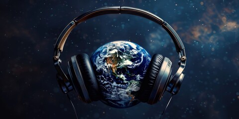 Headphones Enveloping the Earth. Generative AI