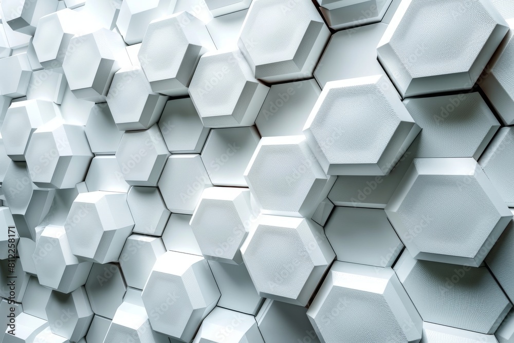 Poster a uniform hexagonal 3d pattern creating a textured white background, induces a sense of organization