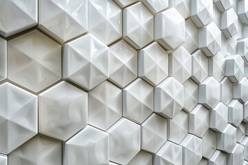 Abstract image of a 3D white geometric pattern of hexagons creating a wall texture