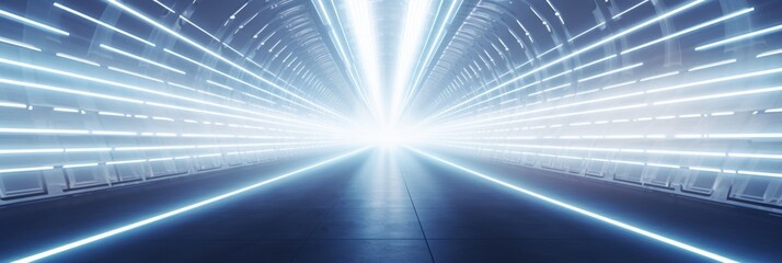 Futuristic Tunnel Illuminated By Endless Rows Of White Neon Lights. Sci-Fi Corridor With Neon Lighting