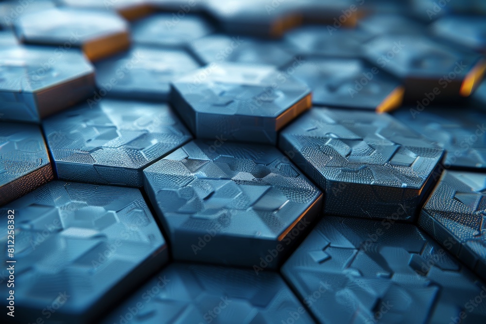 Poster close-up image of overlapping hexagon surfaces with blue tones and subtle textures representing data