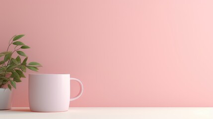 A pink mug sits on a table next to a plant