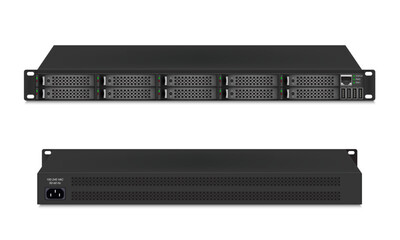Professional server size 1u with eight 2.5-inch hard drives.  Network attached storage on white background. Vector illustration.