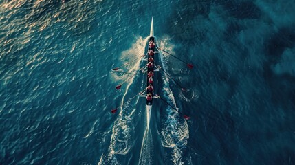 Women's rowing team on blue water, top view
