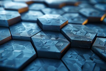 Close-up image of overlapping hexagon surfaces with blue tones and subtle textures representing data or scientific concepts - Powered by Adobe