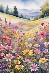 A watercolor painting of a wildflower meadow overflowing with colorful blooms in shades of pink, purple, and yellow