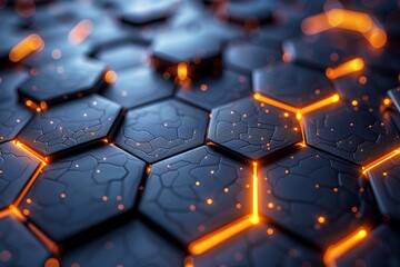 Image displays dark hexagonal shapes interconnected by orange glowing lines, resonating with...