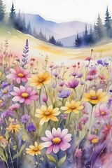 A watercolor painting of a wildflower meadow overflowing with colorful blooms in shades of pink, purple, and yellow