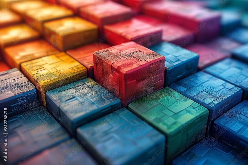 Poster close-up of a selection of bright, textured cubes that seem to pop out due to a selective focus crea