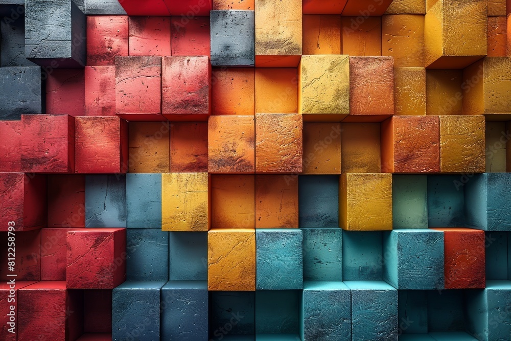 Poster this image features a 3d geometric pattern of multicolored cubes arranged in an abstract formation