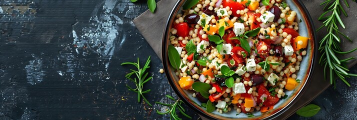 Mediterranean couscous salad with feta, fresh food banner, top view with copy space