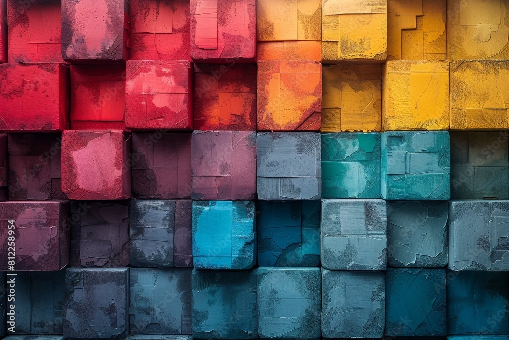Poster the image displays a vibrant gradient of painted colors on textured square blocks forming a geometri