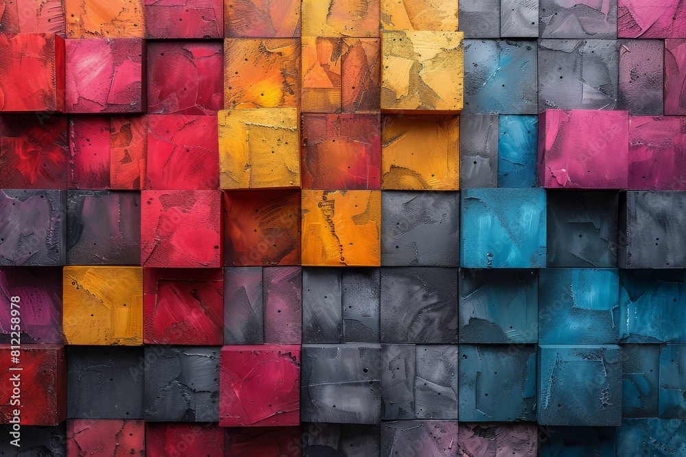 Poster this image showcases a vivid range of colors on cubic blocks with a dynamic gradient and textured su