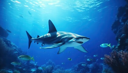 Fototapeta premium Great White Shark in the ocean, portrait of White shark hunting prey in the underwater