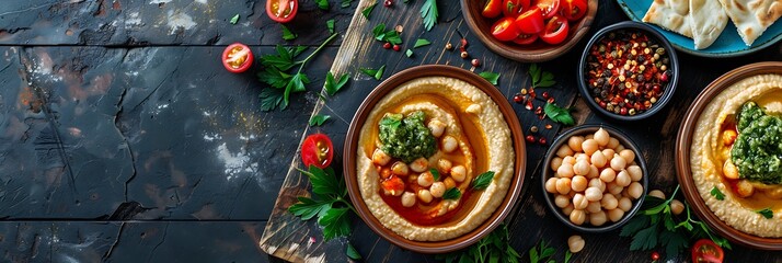 Mediterranean mezze platter with hummus and pita, top view horizontal food banner with copy space