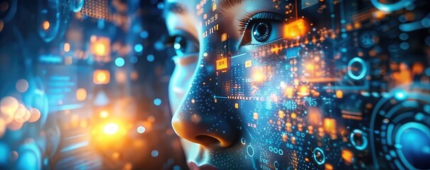 A girl's digital view of futuristic and innovative images, artificial intelligence in the image of a girl, digital automation and the use of artificial intelligence, digital business and automation