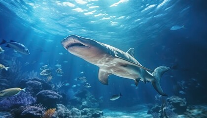 Fototapeta premium Great White Shark in the ocean, portrait of White shark hunting prey in the underwater