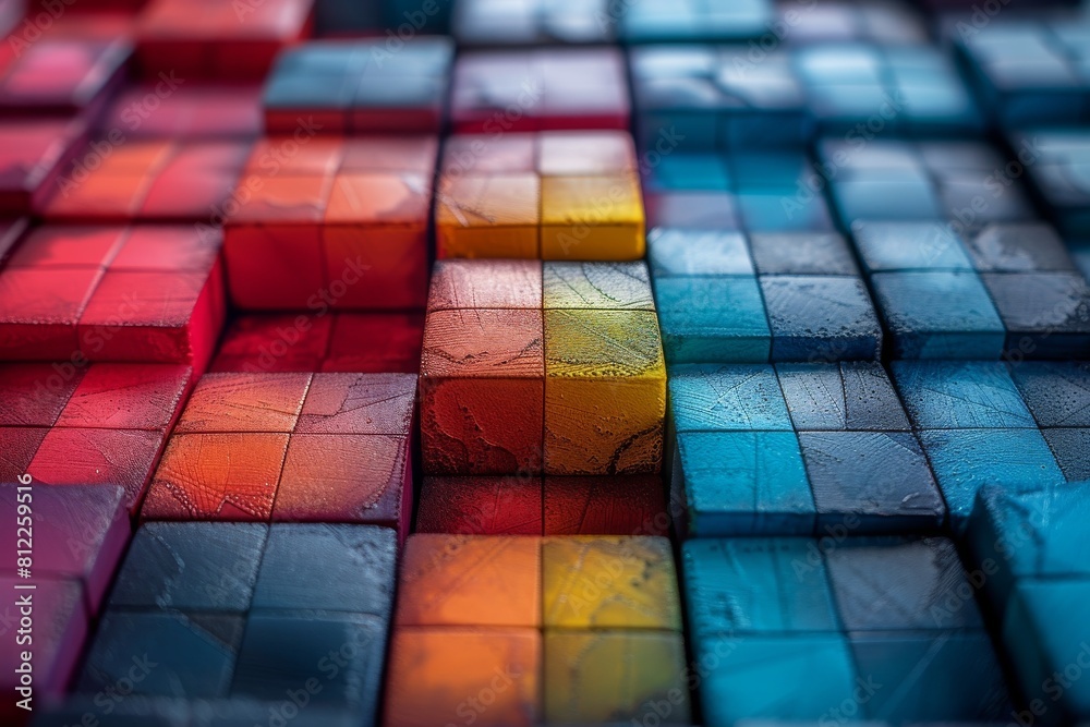Poster selective focus image of colorful 3d cubes creating a pattern with depth and texture across the fram