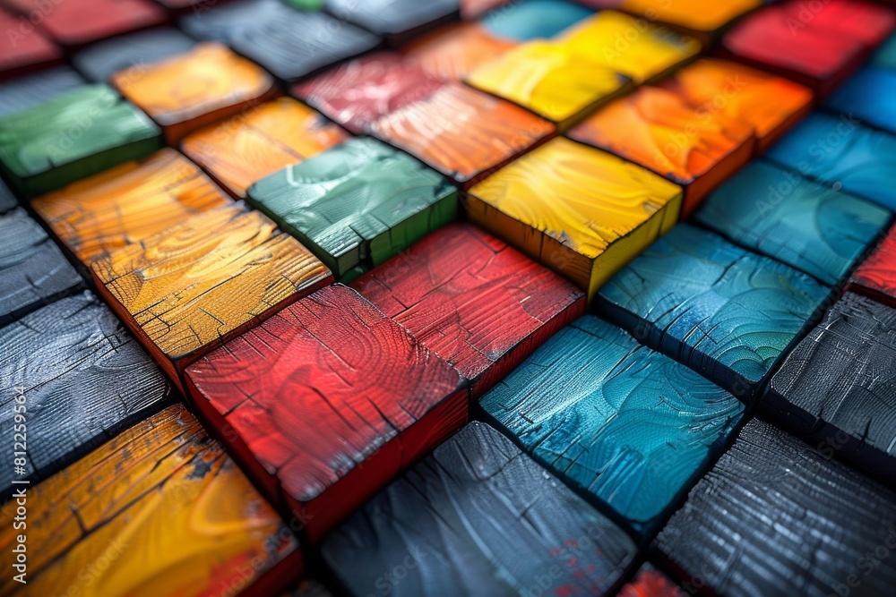 Poster an image featuring a pattern of colorful 3d squares with texture, creating an abstract art effect