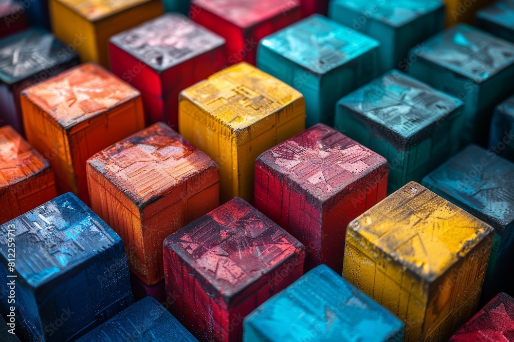 Poster a vivid display of multicolored textured cubes stacked together, creating an engaging geometric patt