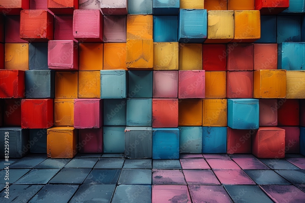 Poster a creative and colorful abstract pattern formed by a wall of various hued blocks with a textured sur