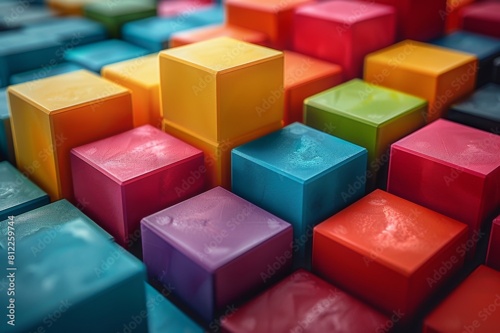 Poster vibrant and colorful square blocks in a grid pattern, creating a visually pleasing mosaic