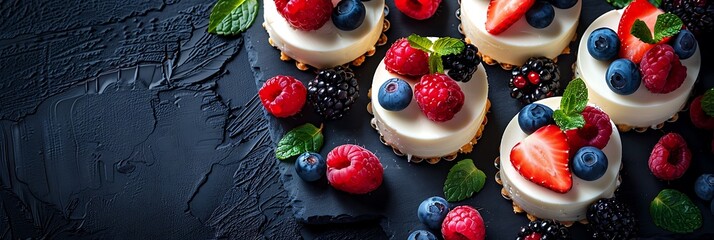 Mini cheesecakes with assorted fruit toppings, fresh food banner, top view with copy space