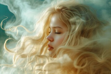 Fototapeta premium Ethereal portrait of a woman with flowing blond hair surrounded by delicate smoke