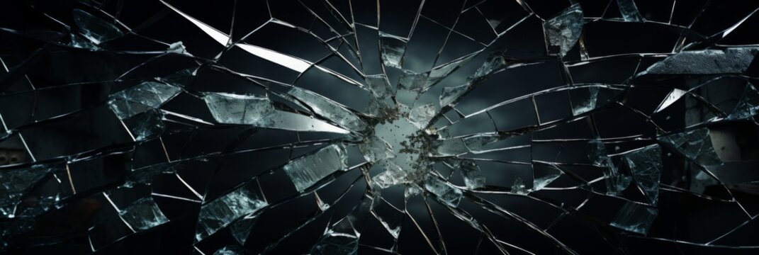 Broken Glass Pieces, Shattered Glass Window With Sharp Fragments On Dark Background